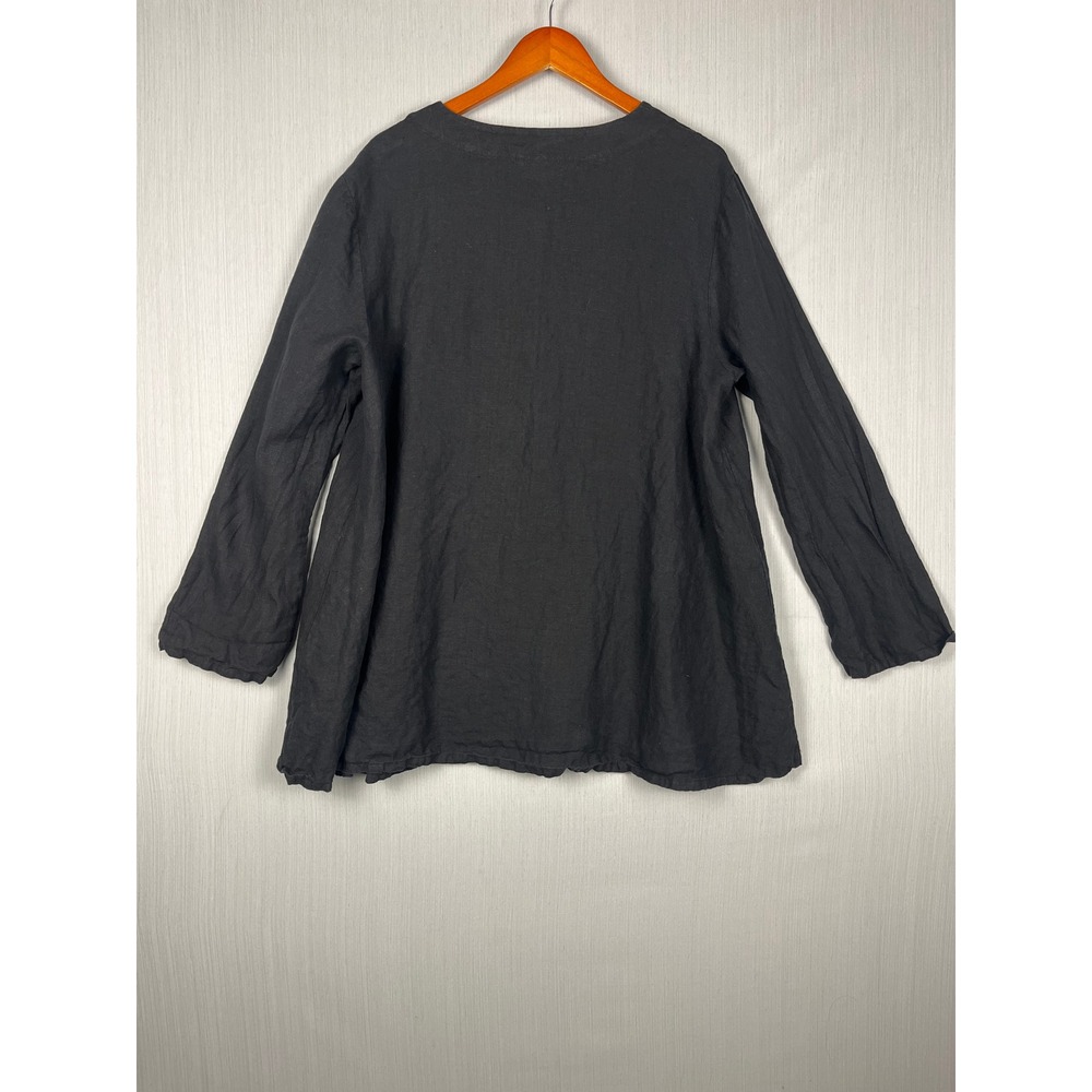 Bryn Walker Mother of Pearl Button Front L Black Linen Tunic Lagenlook Coastal - Picture 3 of 11